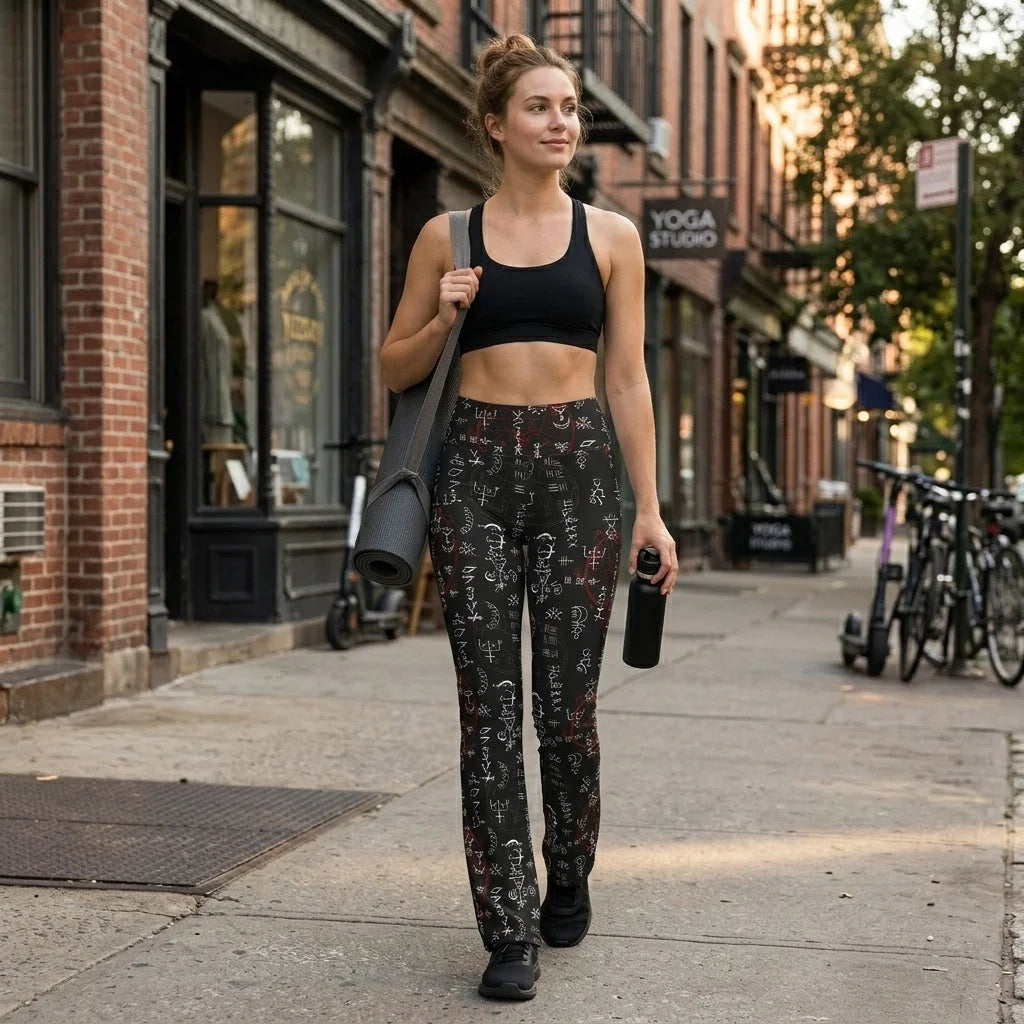 Mystic Print Black Flared Leggings With Alchemy Symbols