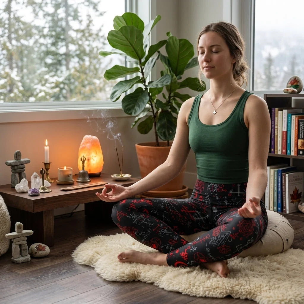 Mystic Print Black Yoga Pants For Women With Sacred Symbols