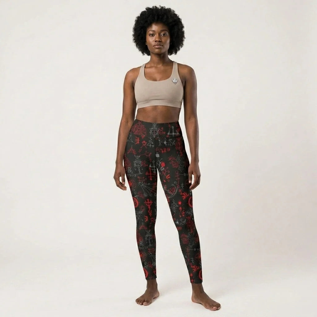Mystic Print Black Yoga Pants For Women With Sacred Symbols