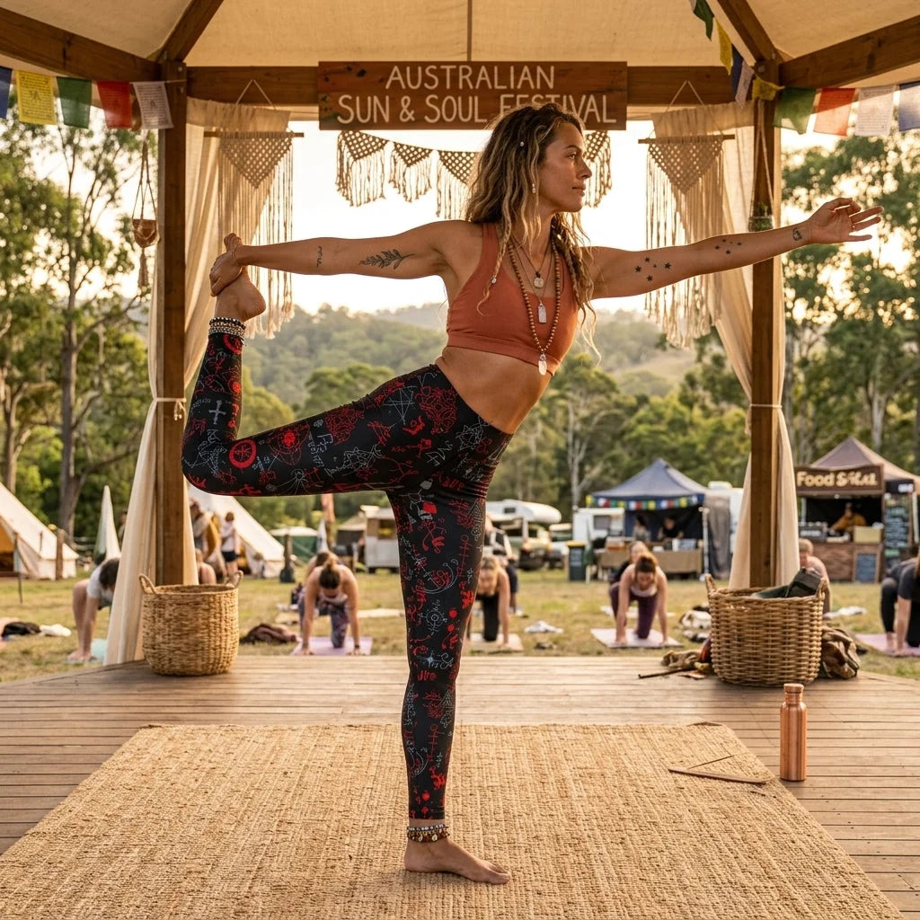 Mystic Print Black Yoga Pants For Women With Sacred Symbols