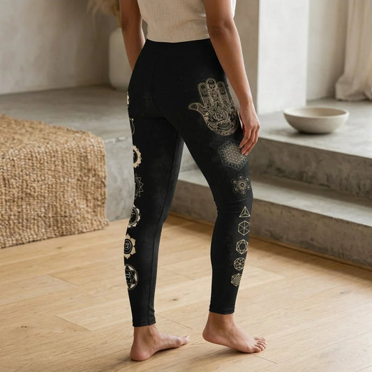 Mystic Print Women’s Black Yoga Pants With Sacred Symbols