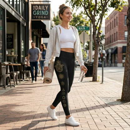 Mystic Print Women’s Black Yoga Pants With Sacred Symbols