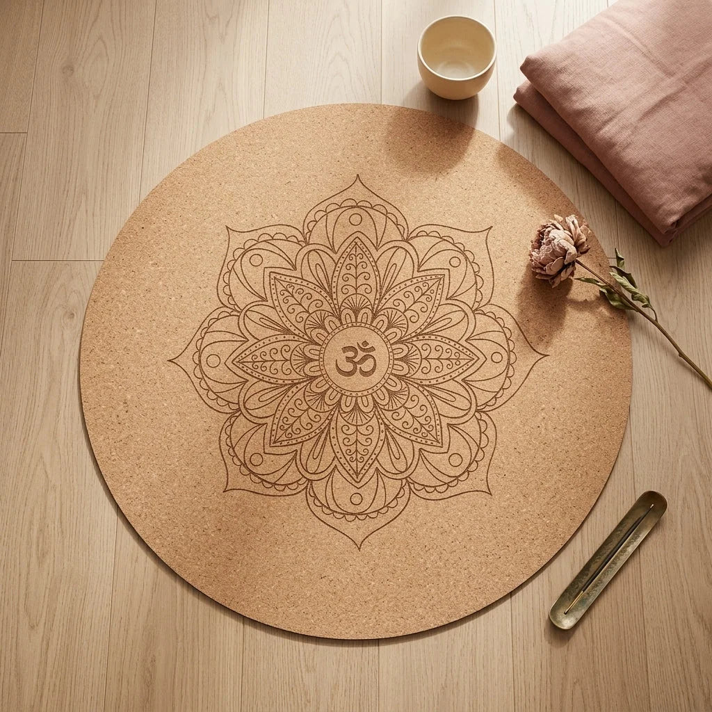 Natural Cork Round Workout Mat With Plant Print - Beige / 60x60 cm