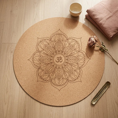 Natural Cork Round Workout Mat With Plant Print - Beige / 60x60 cm
