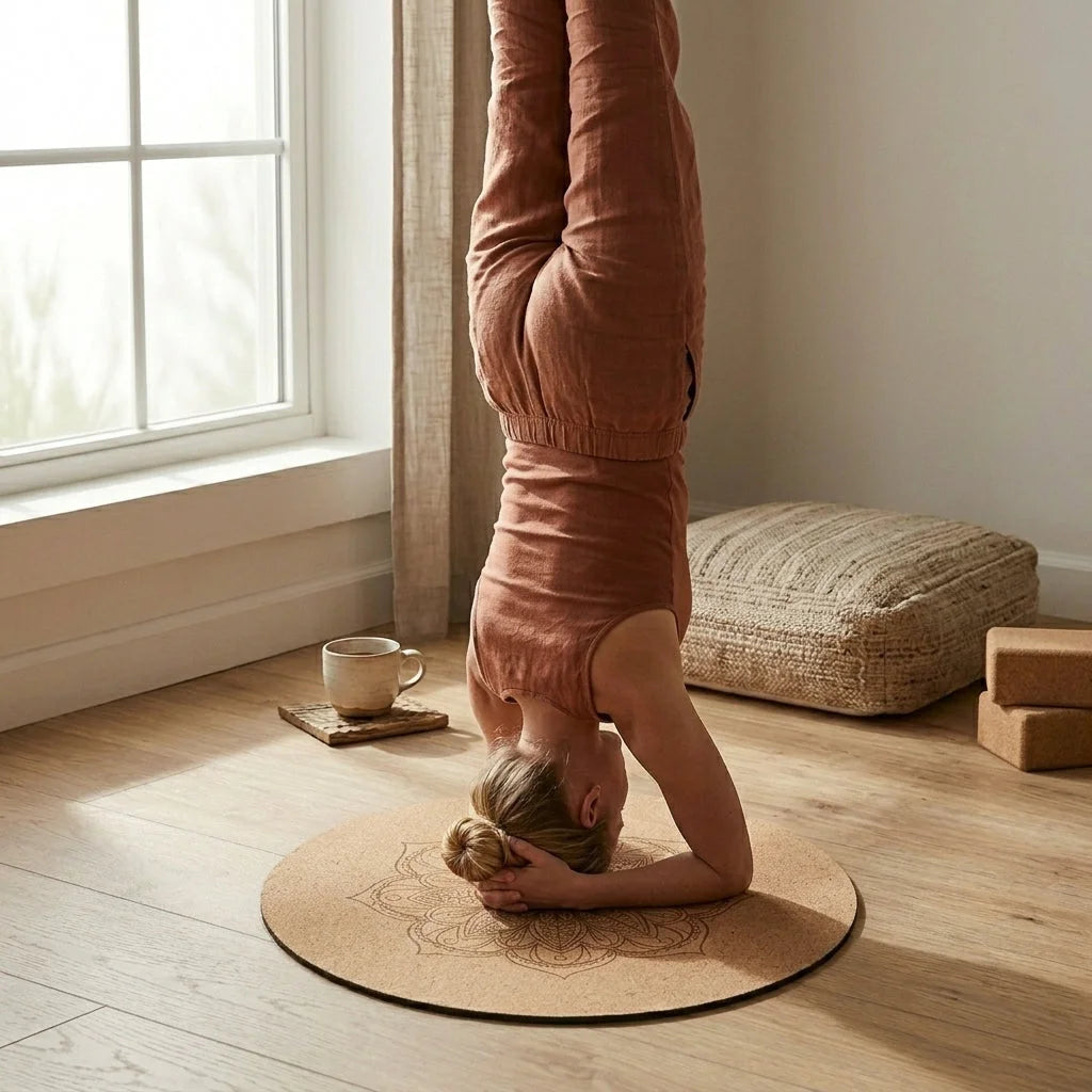 Natural Cork Round Workout Mat With Plant Print - Beige / 60x60 cm