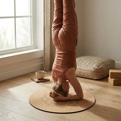 Natural Cork Round Workout Mat With Plant Print - Beige / 60x60 cm