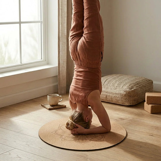 Natural Cork Round Workout Mat With Plant Print - Beige / 60x60 cm