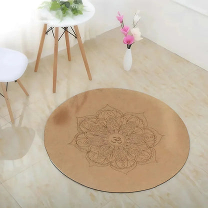 Natural Cork Round Workout Mat With Plant Print - Beige / 60x60 cm