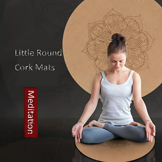 Natural Cork Round Workout Mat With Plant Print - Beige / 60x60 cm