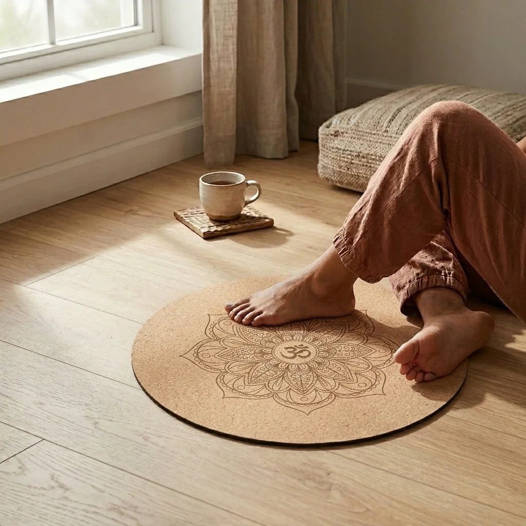 Natural Cork Round Workout Mat With Plant Print - Beige / 60x60 cm