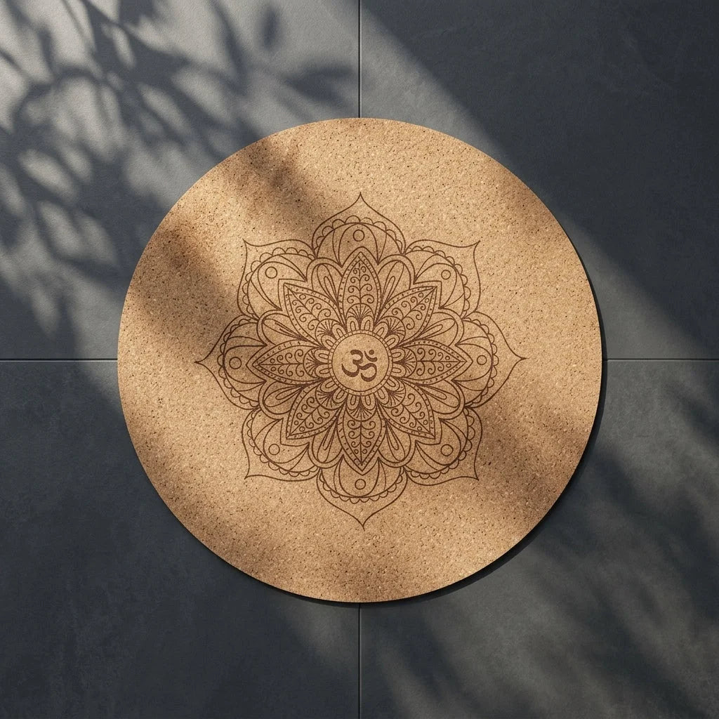 Natural Cork Round Workout Mat With Plant Print - Beige / 60x60 cm