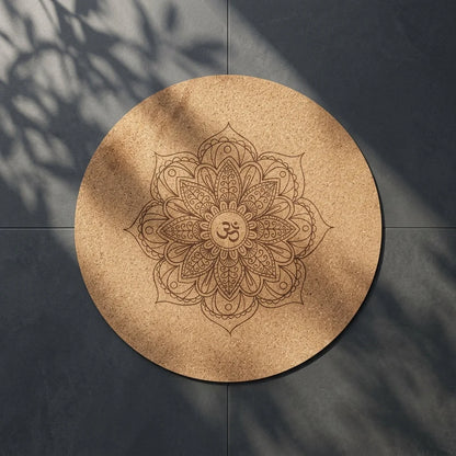 Natural Cork Round Workout Mat With Plant Print - Beige / 60x60 cm