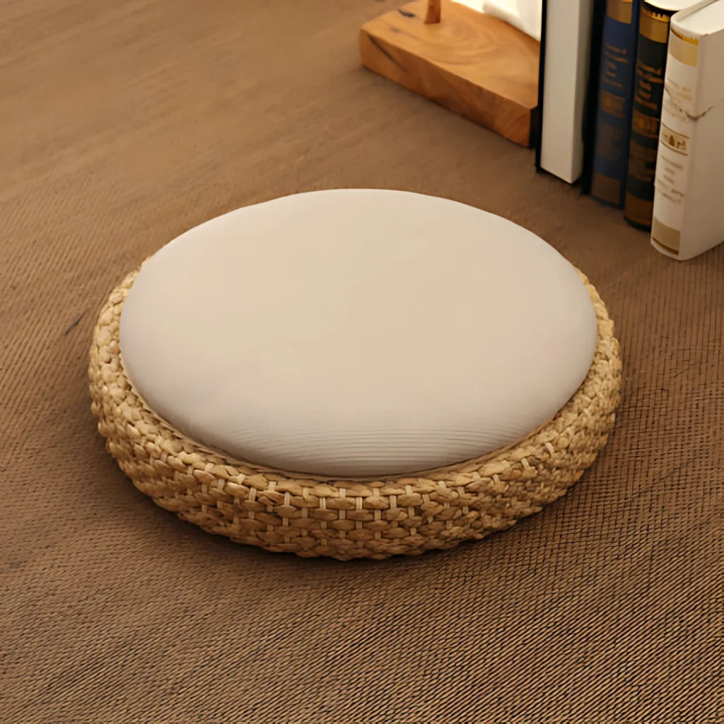 Natural Rattan Pouf Floor Seat For Everyday Calm - Beige noodles / Round dia 40cm