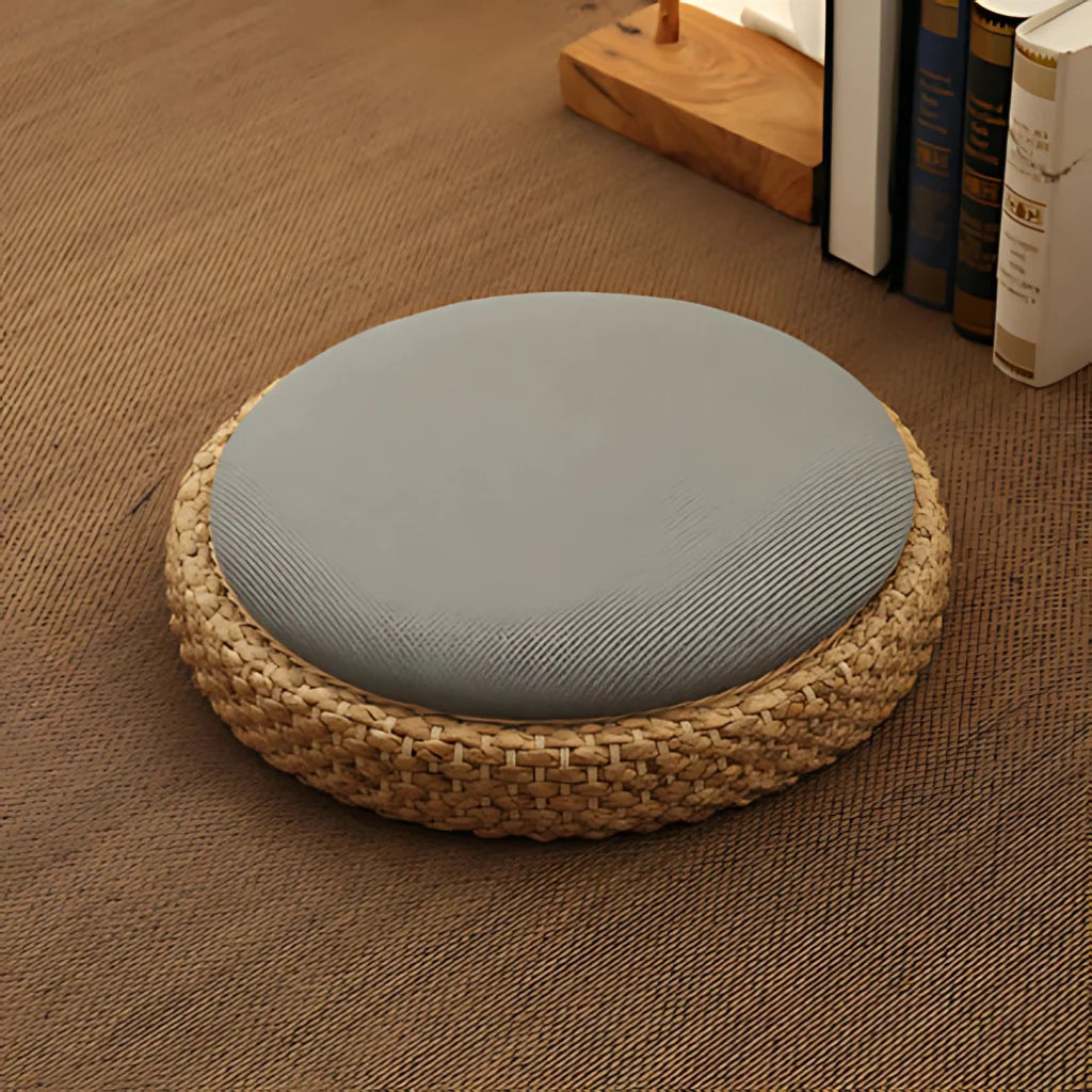 Natural Rattan Pouf Floor Seat For Everyday Calm - Grey side / Round dia 40cm