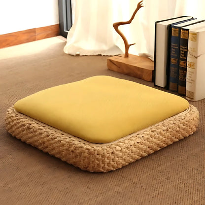 Natural Rattan Pouf Floor Seat For Everyday Calm - Warm yellow noodles / Round dia 40cm