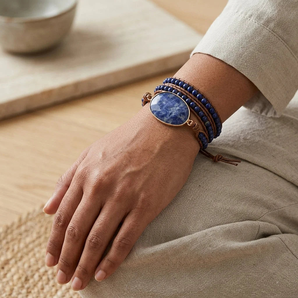 Natural Stone Hand Wrap Bracelet With Gem Charm
