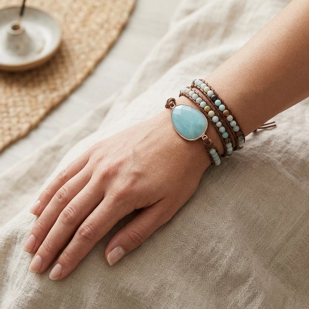 Natural Stone Hand Wrap Bracelet With Gem Charm