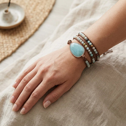Natural Stone Hand Wrap Bracelet With Gem Charm