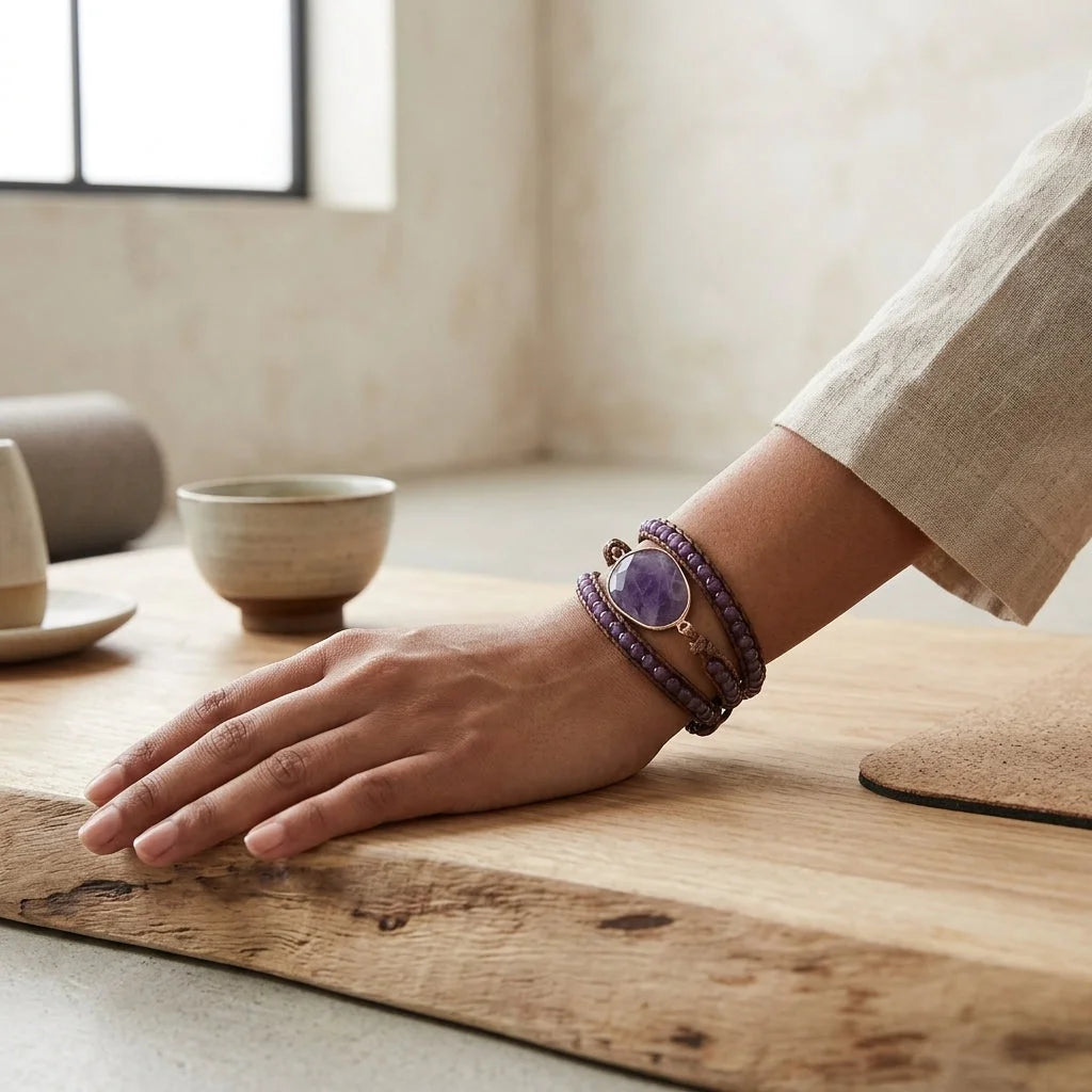 Natural Stone Hand Wrap Bracelet With Gem Charm
