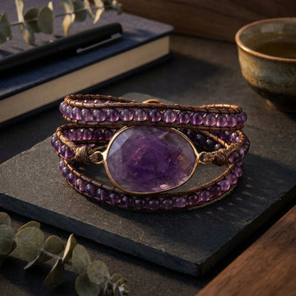 Natural Stone Hand Wrap Bracelet With Gem Charm