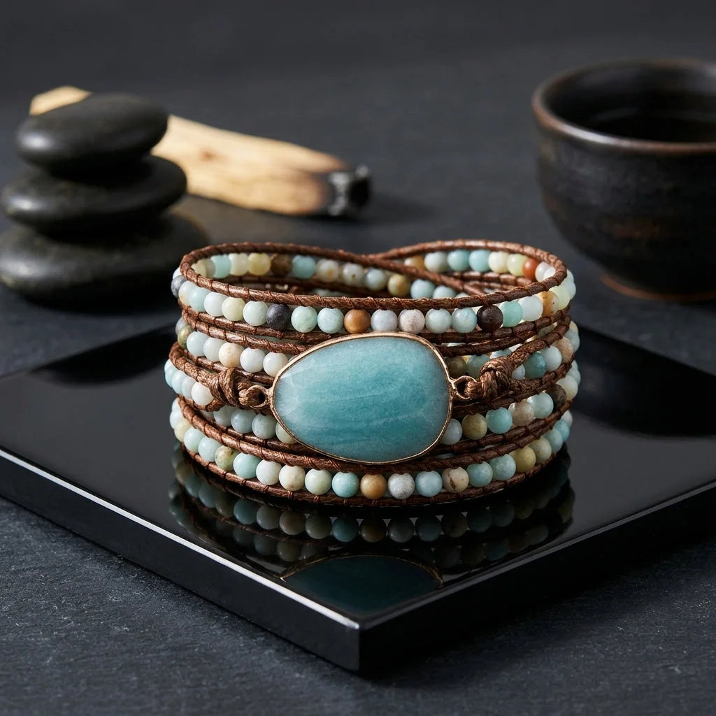 Natural Stone Hand Wrap Bracelet With Gem Charm