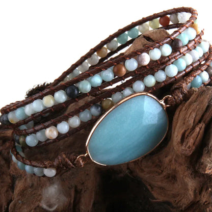 Natural Stone Hand Wrap Bracelet With Gem Charm - Style D
