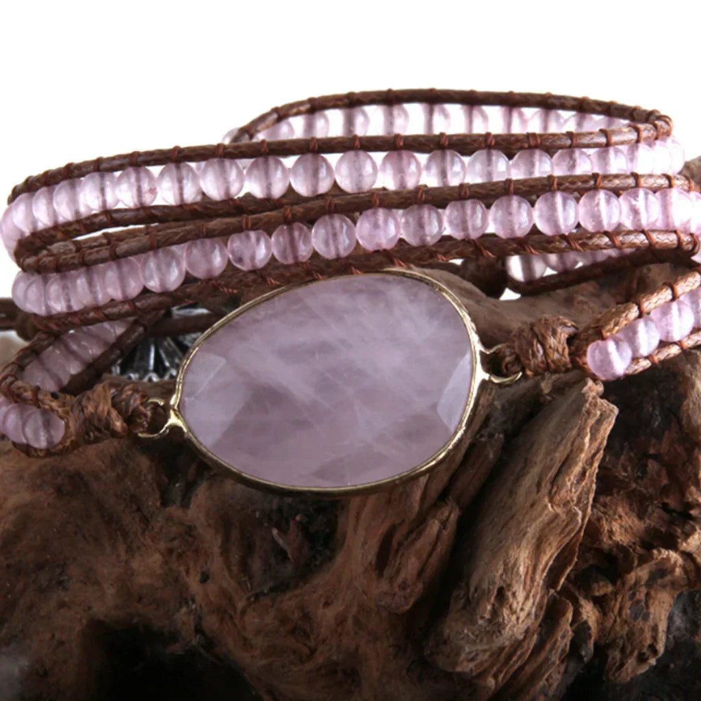 Natural Stone Hand Wrap Bracelet With Gem Charm - Style J
