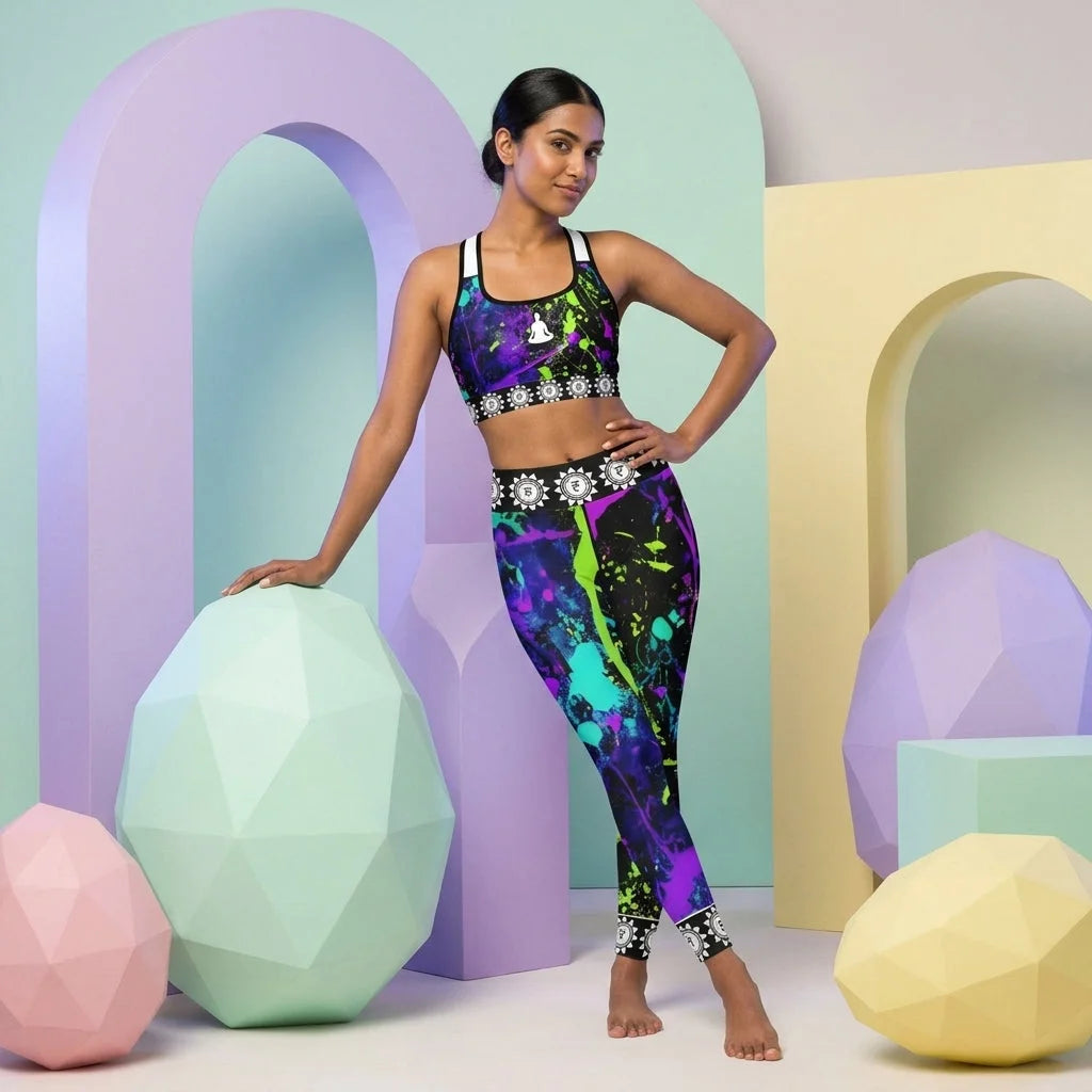 Neon Splash Yoga Pants Bra Set For Women