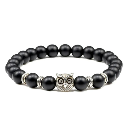 Owl Charm Beads Bracelets With Natural Stones - Black Frosted