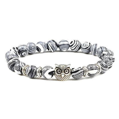 Owl Charm Beads Bracelets With Natural Stones - Gray Malachite