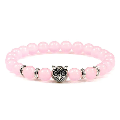 Owl Charm Beads Bracelets With Natural Stones - Pink Stone