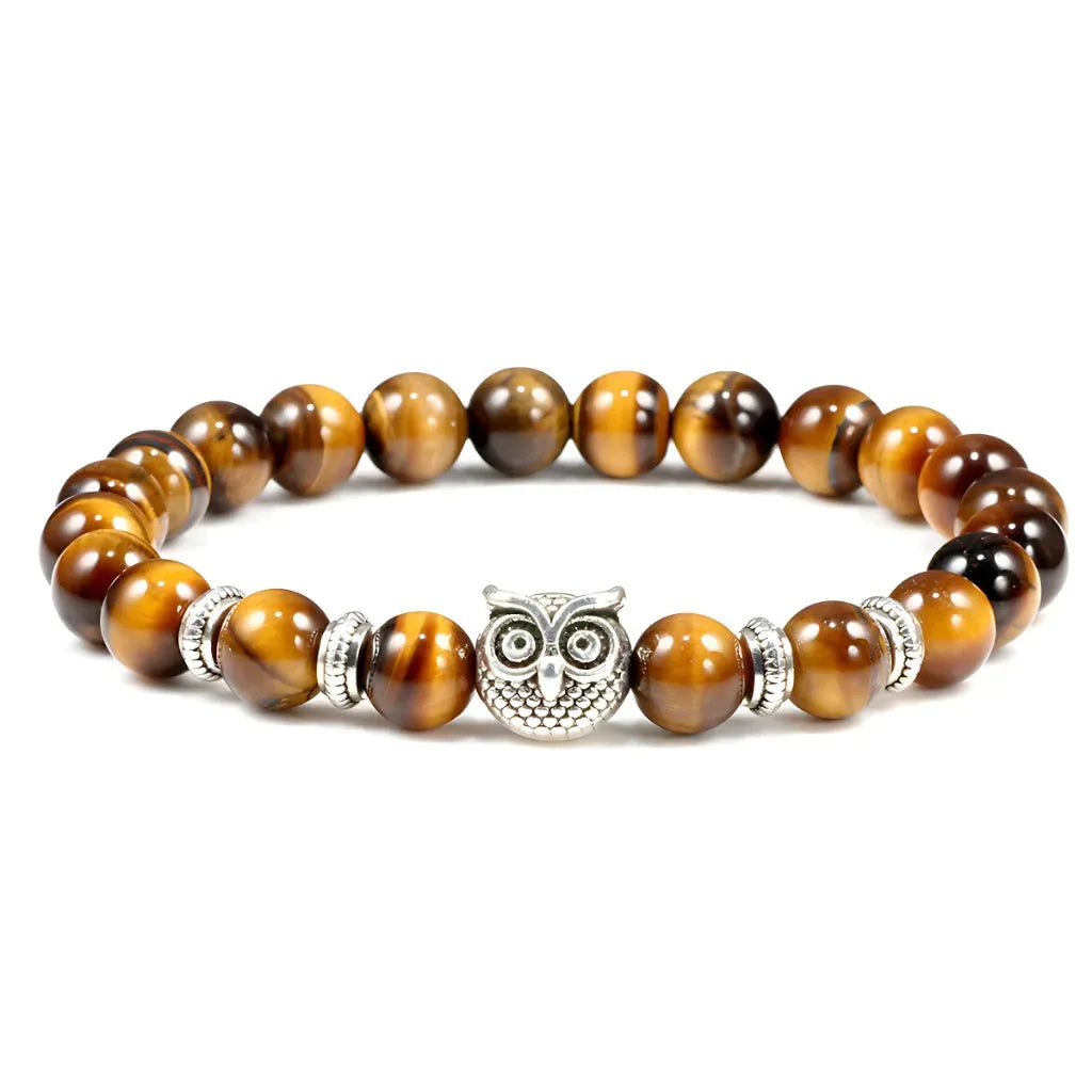 Owl Charm Beads Bracelets With Natural Stones - Tiger Eye