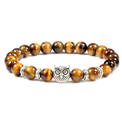 Owl Charm Beads Bracelets With Natural Stones - Tiger Eye