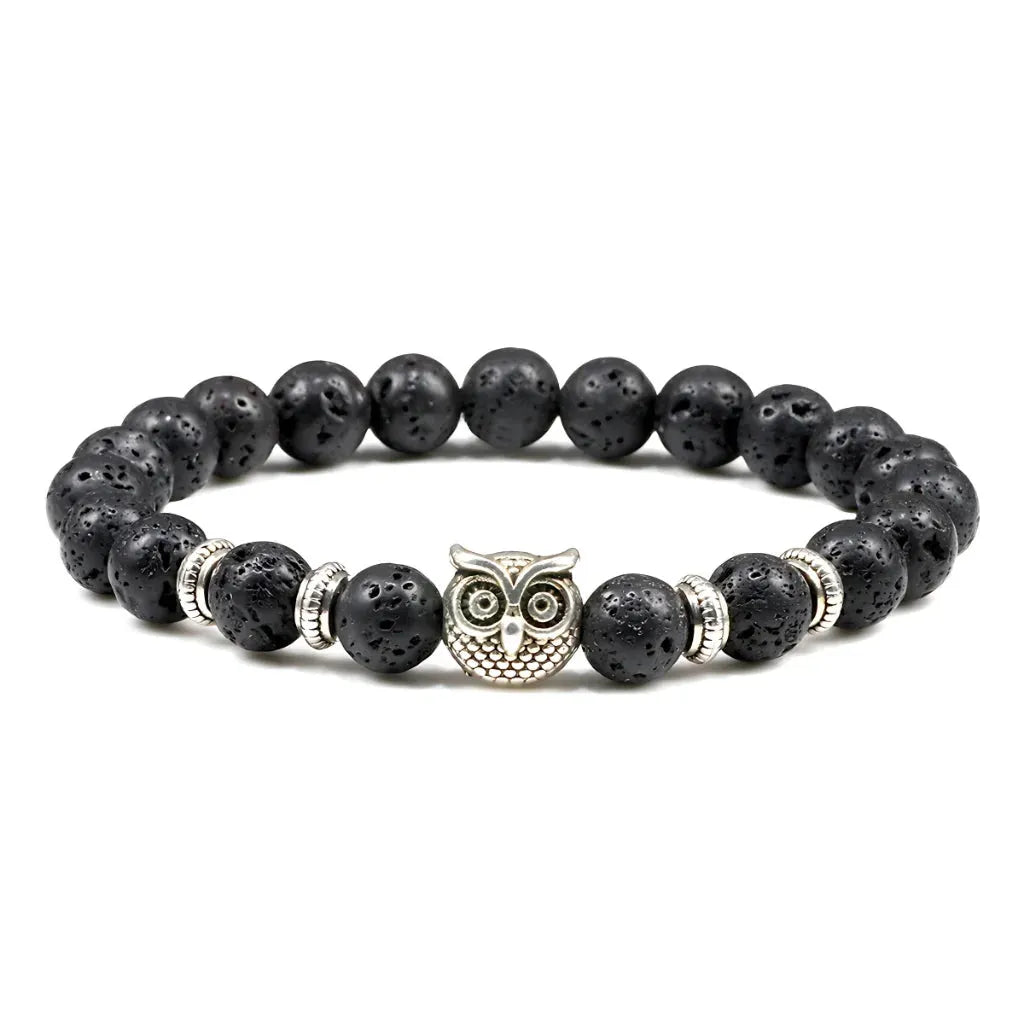 Owl Charm Beads Bracelets With Natural Stones - Volcanic Rock