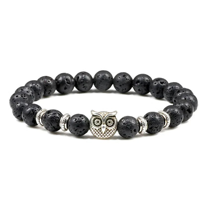 Owl Charm Beads Bracelets With Natural Stones - Volcanic Rock
