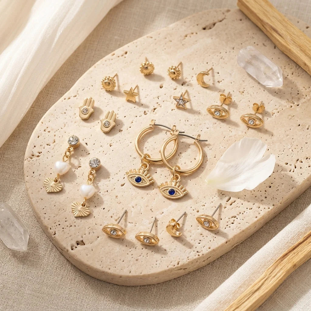 Palm Moon Boho Stud Earrings - Set of 7 Pair