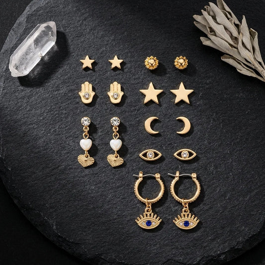 Palm Moon Boho Stud Earrings - Set of 7 Pair