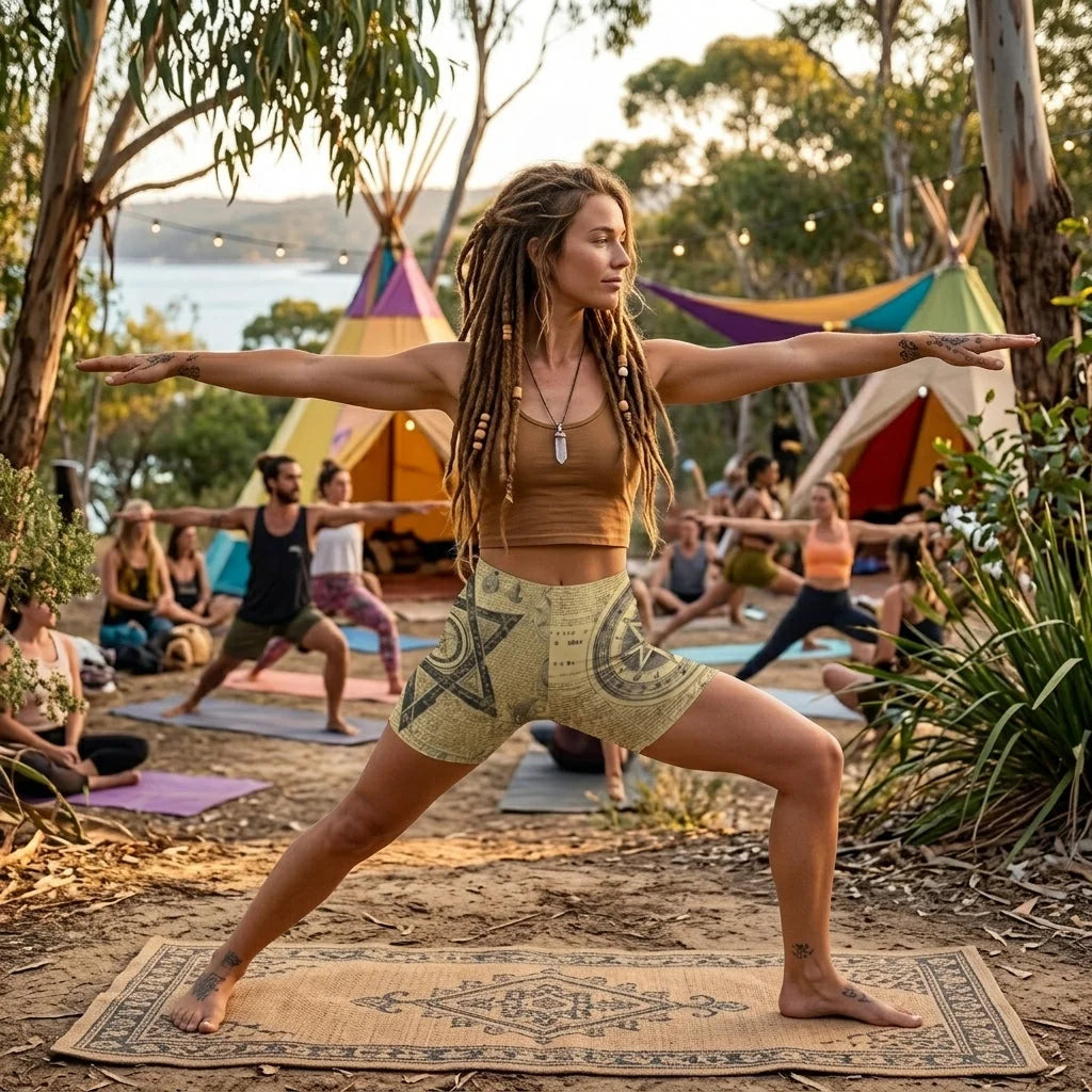 Patterned Yoga Shorts With Celestial Alchemy Design