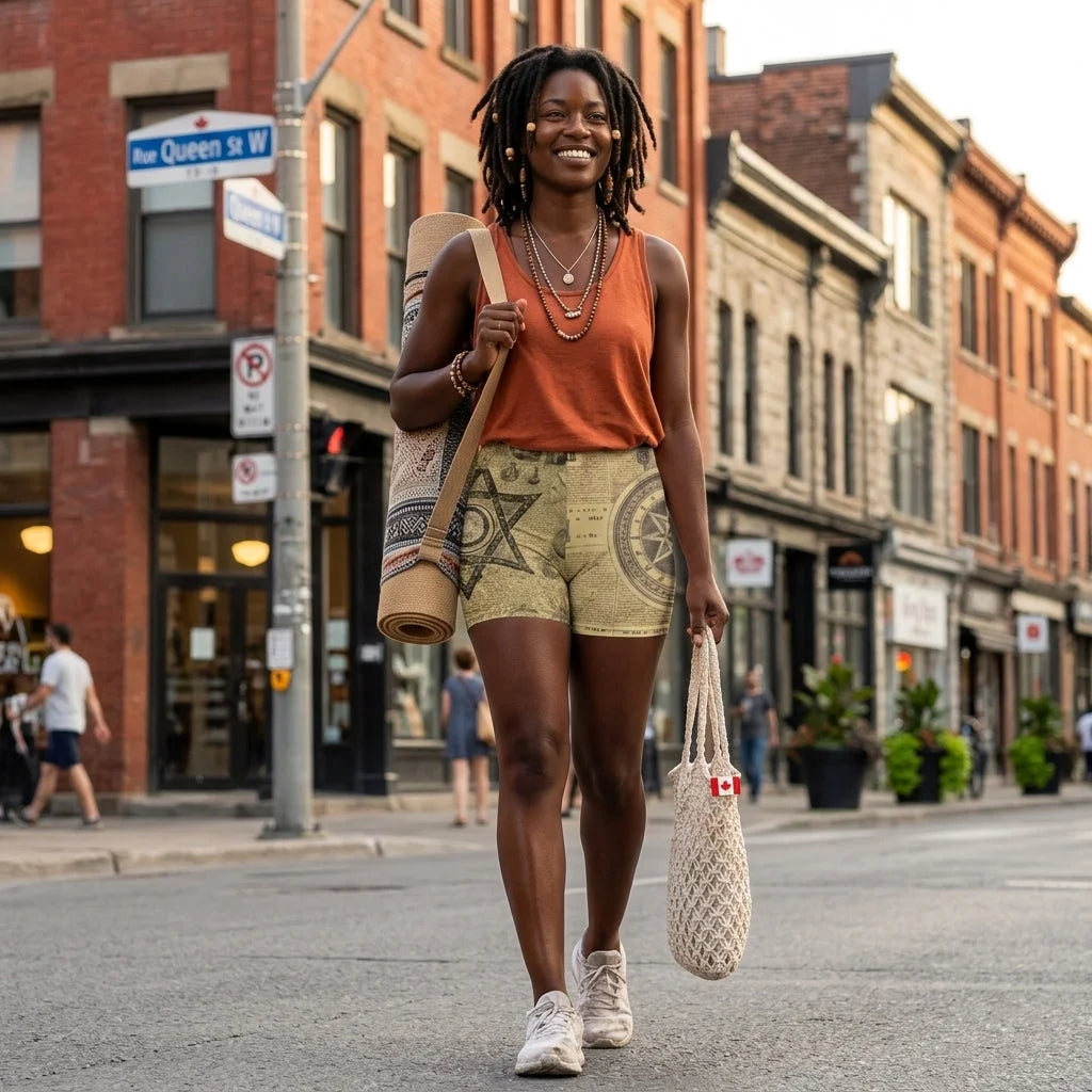 Patterned Yoga Shorts With Celestial Alchemy Design