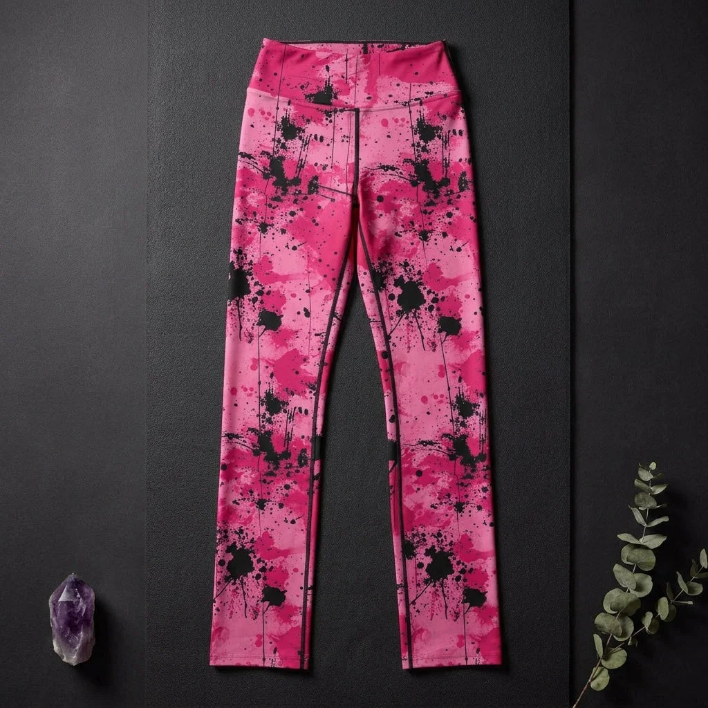 Pink Flare Leggings With Watercolor Ink Splatter Print
