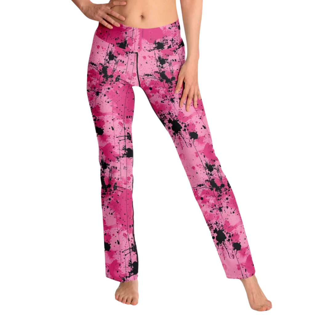 Pink Flare Leggings With Watercolor Ink Splatter Print