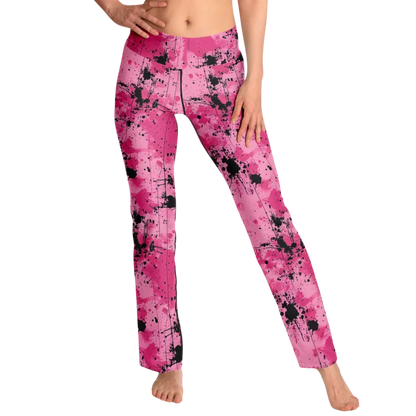 Pink Flare Leggings With Watercolor Ink Splatter Print