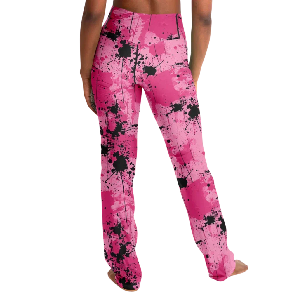 Pink Flare Leggings With Watercolor Ink Splatter Print