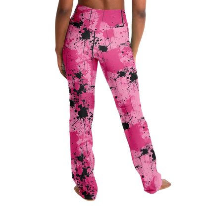 Pink Flare Leggings With Watercolor Ink Splatter Print