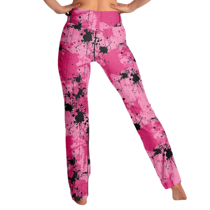 Pink Flare Leggings With Watercolor Ink Splatter Print