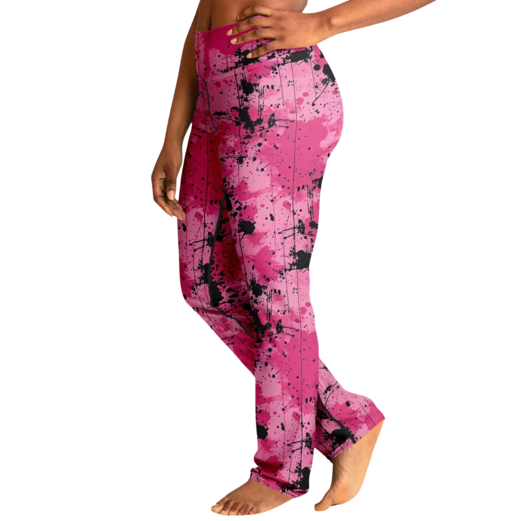 Pink Flare Leggings With Watercolor Ink Splatter Print