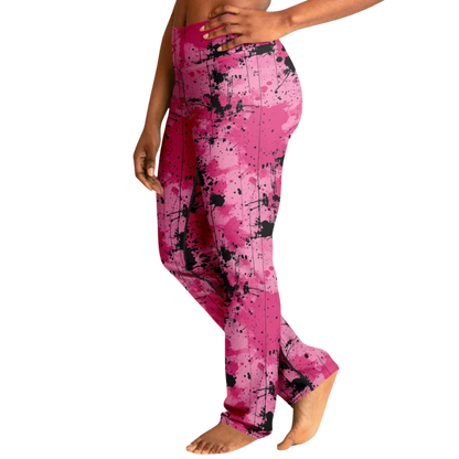 Pink Flare Leggings With Watercolor Ink Splatter Print