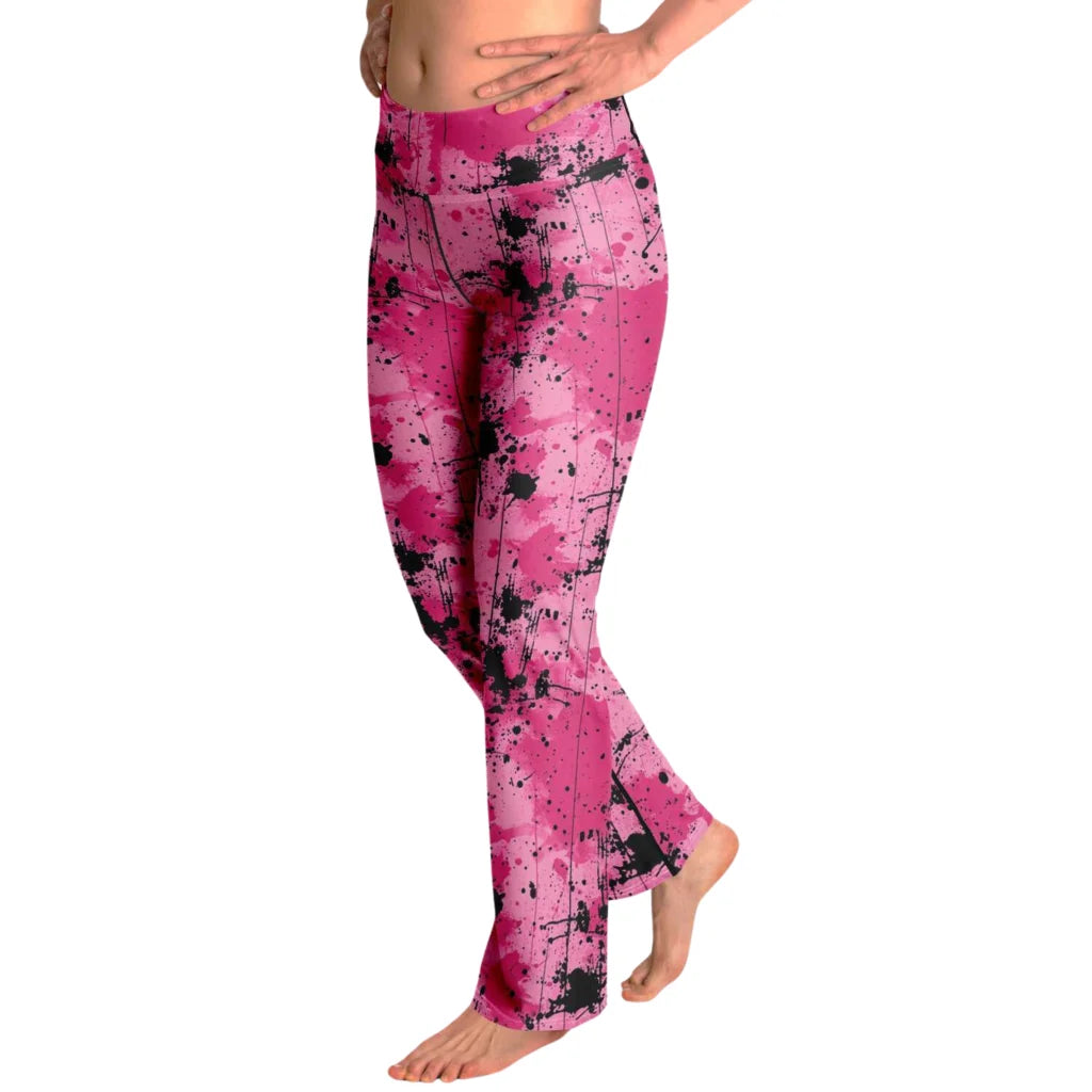 Pink Flare Leggings With Watercolor Ink Splatter Print