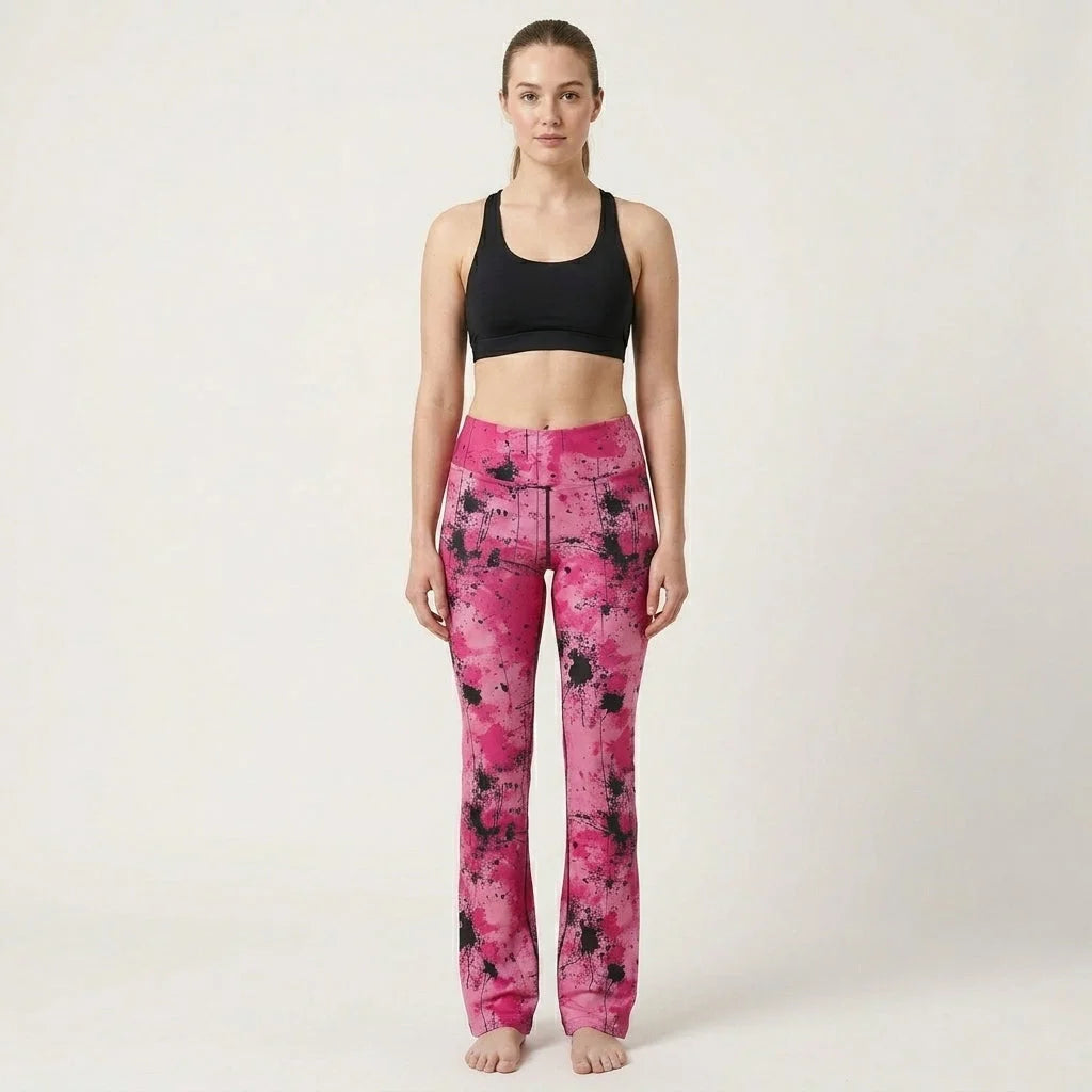 Pink Flare Leggings With Watercolor Ink Splatter Print