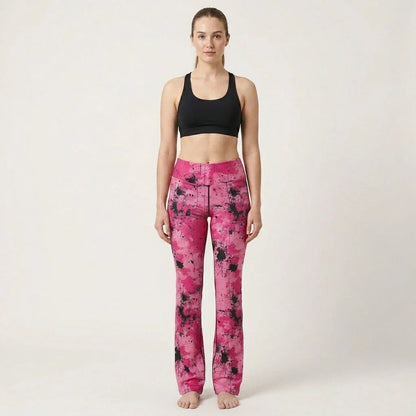 Pink Flare Leggings With Watercolor Ink Splatter Print